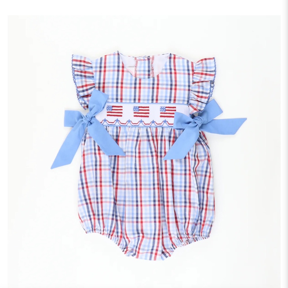 Southern Smocked 18M Smocked Flags Bow Girl Bubble - Patriotic Plaid